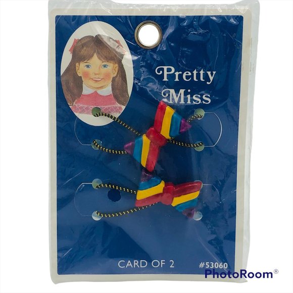 NOS Vtg Pretty Miss Tip Top Card of 2 Striped Bow Hair Elastics Made in Taiwan - Picture 1 of 3